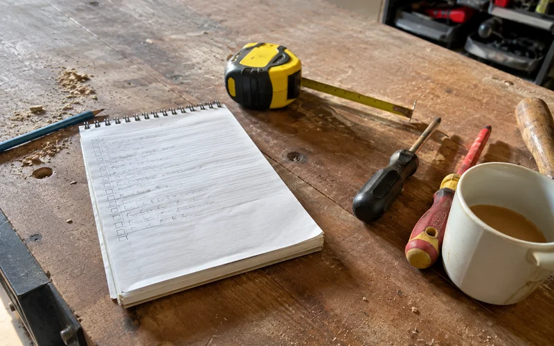Handwritten fixed-price job list on a notepad beside tools on a workbench