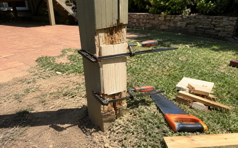 Rotted section cut out of a timber post with a new spliced piece being fitted