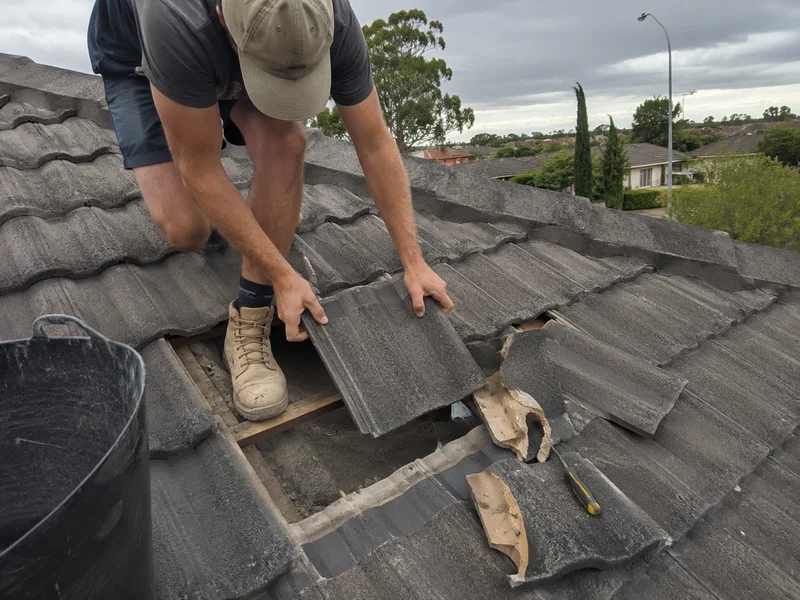 Cracked roof tile being replaced with a matching tile