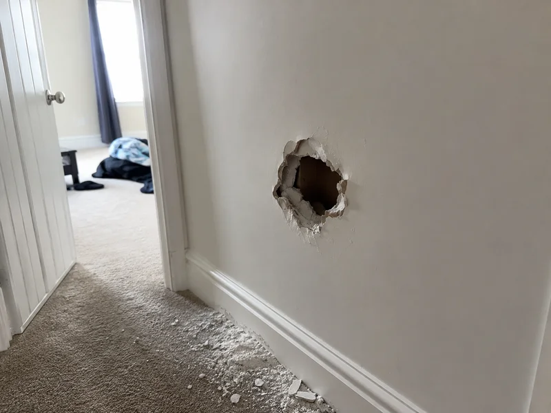 Hole in a hallway plasterboard wall before repair