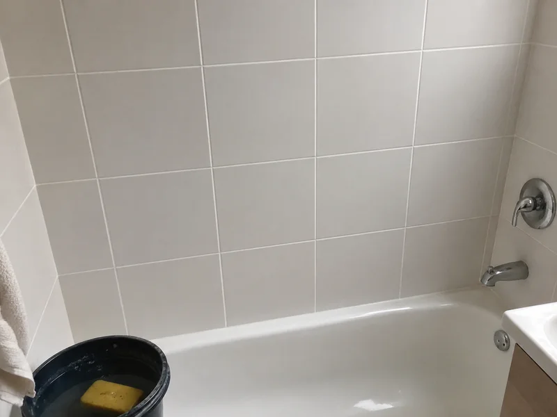 The same wall after regrouting with colour-matched grout
