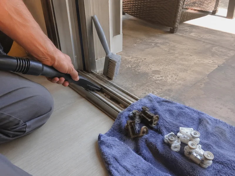 Sliding patio door track cleaned with worn rollers removed