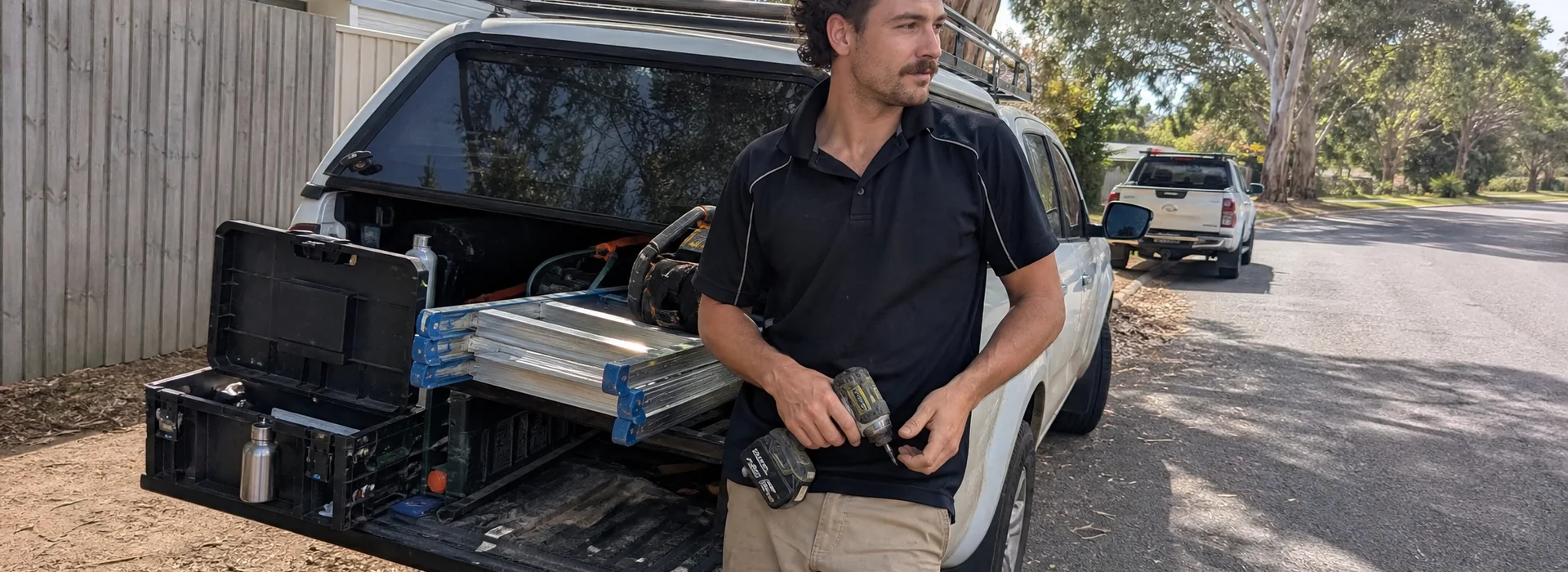 Canberra handyman standing beside his work ute in a suburban street