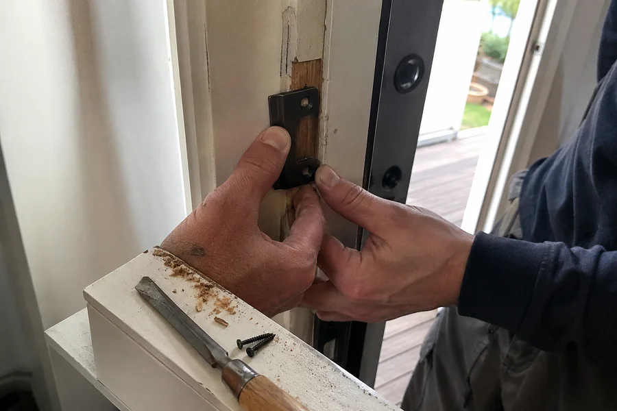Strike plate being repositioned on a door jamb to correct latch alignment