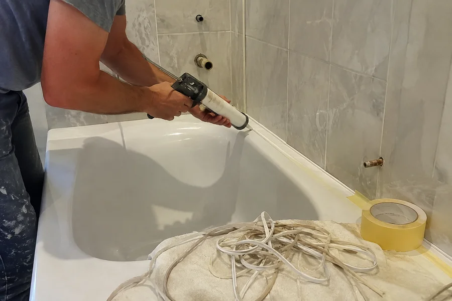 Fresh silicone bead being run along the join between a bath and tiled wall