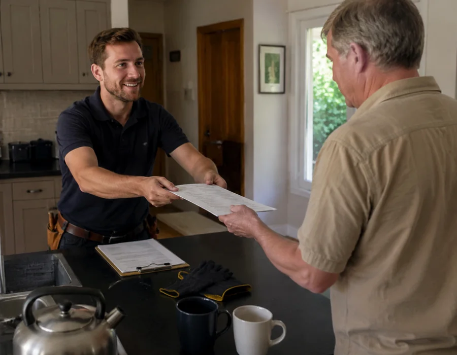 Handyman handing a printed fixed-price quote to a homeowner