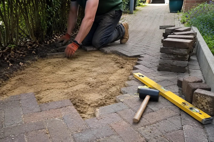 Sunken pavers being lifted and re-levelled on fresh bedding sand